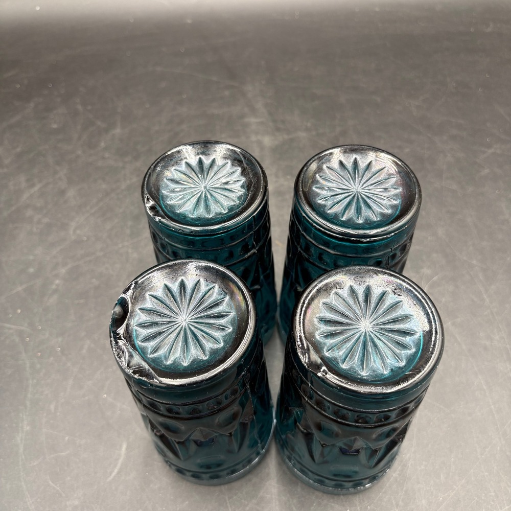 Vtg Indiana Park Lane Teal Blue Glassware 8pc Diamond Starburst Goblets Tumblers - Picture 9 of 13
